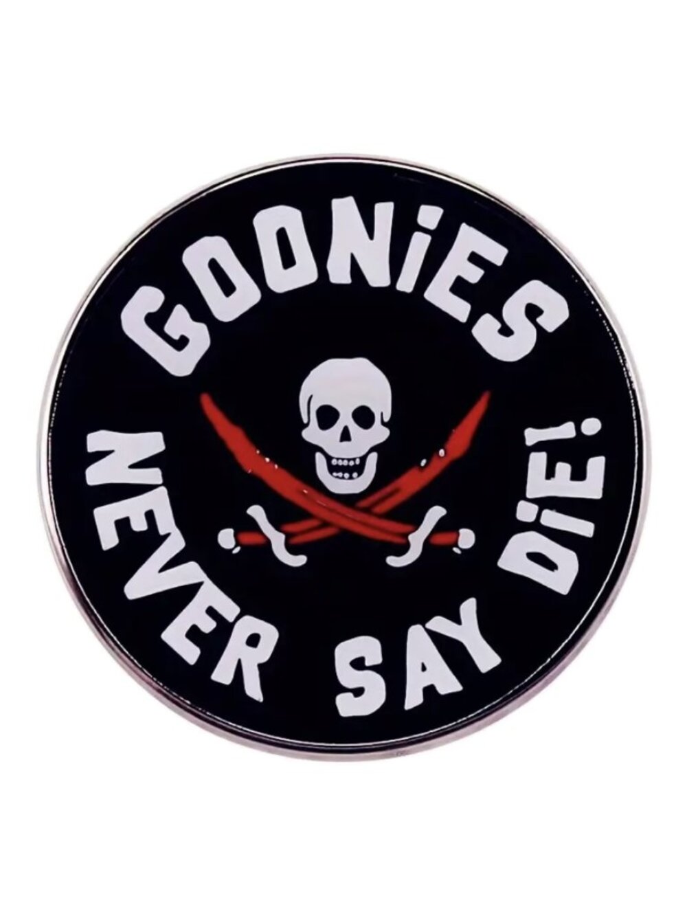"GOONIES NEVER SAY DIE" METAL CIRCLE ENAMEL PIN BADGE LAPEL PIN BROOCH NWT